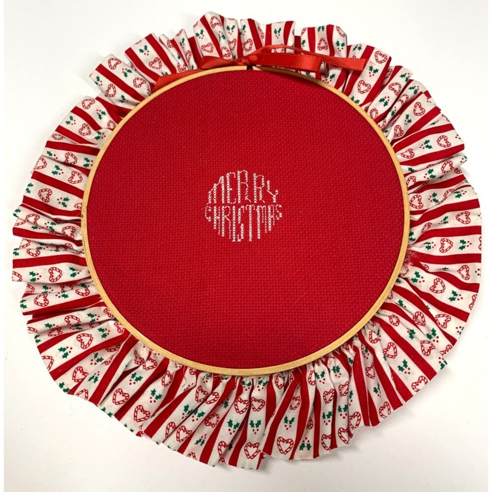 Vintage Christmas Hand Quilted Embroidery Hoop Ruffle Candy Cane Hearts & Holly
